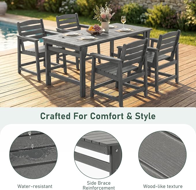 Furnimart 5-Piece Outdoor Dining Set, 67" HDPE Dining Table and Chairs for 4, All-Weather Patio Dining Set with Umbrella Hole, Outdoor Furniture Set for Backyard, Garden, Lawn & Poolside, Grey