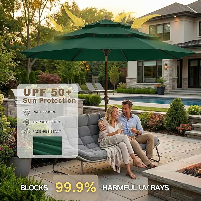 Kingdura 10ft 3-Tier Patio Umbrella, Outdoor Table Umbrella with Easy Crank & Tilt, 8 Reinforced Ribs, UV Protection for Deck, Pool, Market, Backyard (Dark green)