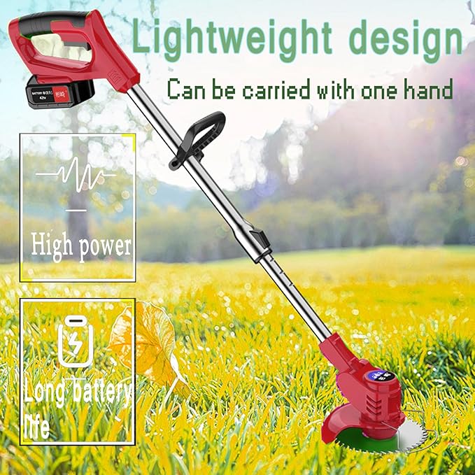 Weed Wacker, Electric Weed Wacker Cordless Trimmer,Grass Trimmer Stingless Lightweight Grass Weedeater Battery Powered 3 Types Blades,2 Batteries, 1 Chargerfor Lawn, Yard, Garden (red)