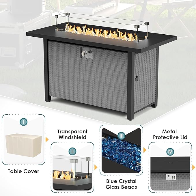 8 Pieces Outdoor Patio Furniture Set with 45” Propane Gas Firepit Table, Grey Wicker Patio Sectional Sofa Set, Outdoor Couch with Cushion and Tempered Glass Table, Dark Blue
