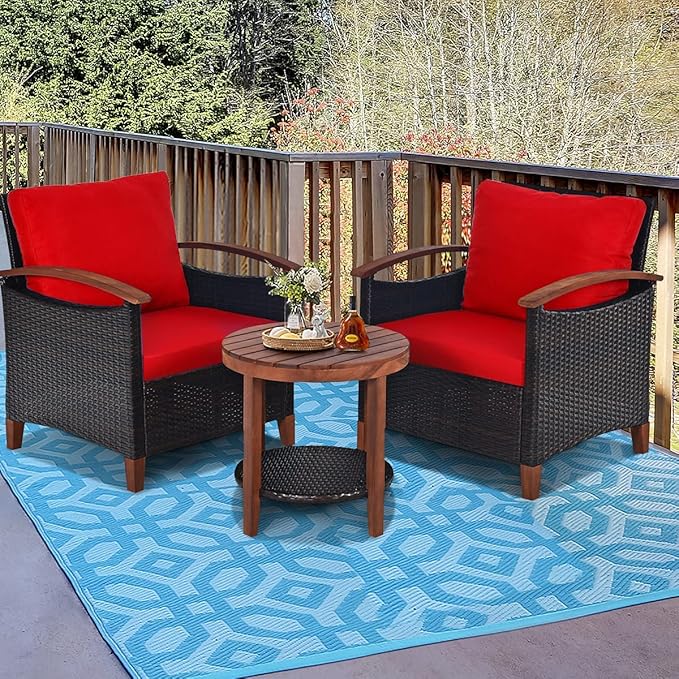 HAPPYGRILL 3 Pieces Patio Conversation Set Outdoor Rattan Wicker Sofa Set with Cushion and Acacia Wood Frame Table and Chairs Set for Garden Poolside Balcony