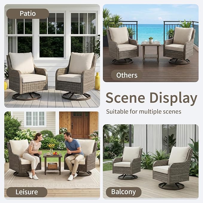 Swivel PE Wicker Chair, Outdoor Patio Chair with 360° Rotation & Water-Resistant Cushion for Porch, Deck, Balcony – All-Weather Handwoven Design (Beige, 2 -PCS)