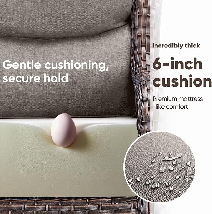 Swivel Patio Chairs sofa Set of 7 with 6" Thick Cushion - Wicker Outdoor Swivel Rocker Patio Chair ,Sofa/Glass coffee table, High Back Comfortable Outdoor Glider Chairs - Brown Wicker | Gery Cushions