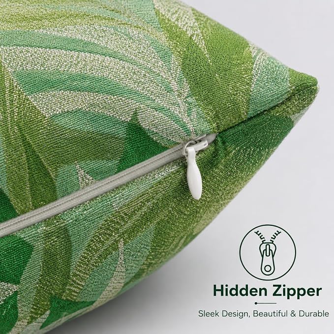 Outdoor Pillow Covers Waterproof Throw Pillow Covers, Set of 2 Jacquard Texture Water Resistant Fade Resistant Decorative Cushion Covers for Garden Patio Bench Couch Sofa, 18x18 Inch(Emerald)