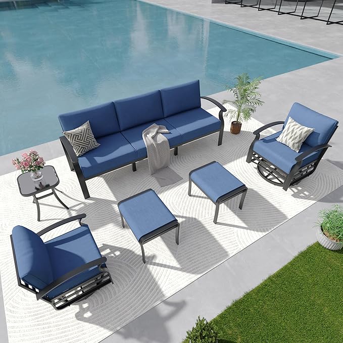 Aluminum Outdoor Patio Furniture Set,5 Seats Patio Conversation Sets with 2 Ottomans,Metal Patio Sectional Furniture Set with 2 Swivel Rocking Chairs, Navy Blue
