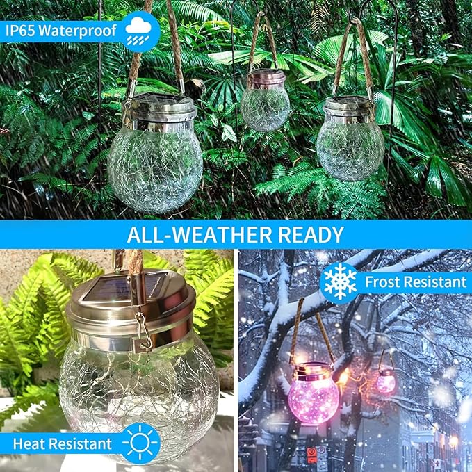 Hanging Outdoor Solar Lights,VGE 2 Pack 30LED Cracked Glass Ball Decorative Lights,Solar Powered Waterproof Landscape Lights with Handle for Tree Yard Garden Patio Fence Holiday Decor(Pingk)