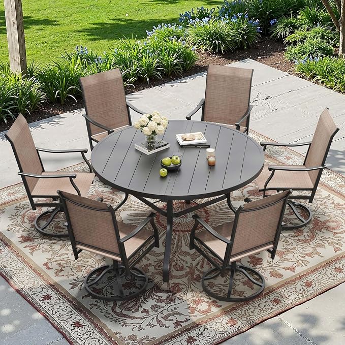 HRVEOCEI 47" Outdoor Round Table with Umbrella Hole, Metal Patio Dining Tables for Lawn Garden, Wood-Like Grain Bistro Table Outdoor for Backyard,Poolside,Deck,Por (Black, Round)