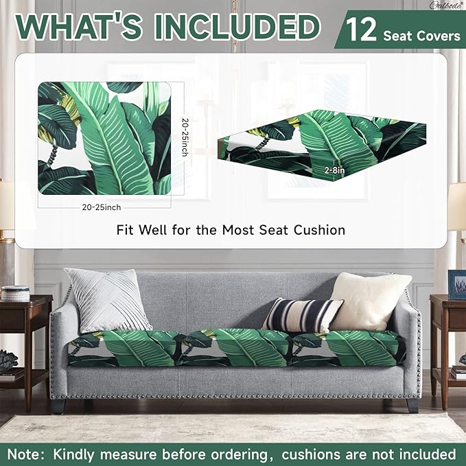 CALBODE 12 Pcs Stretch Outdoor Seat Cushion Covers, Washable Chair Seat Cover for Patio Furniture Cushions Soft Indoor and Outdoor Couch Cover Replacement (Monstera, Cover Only)