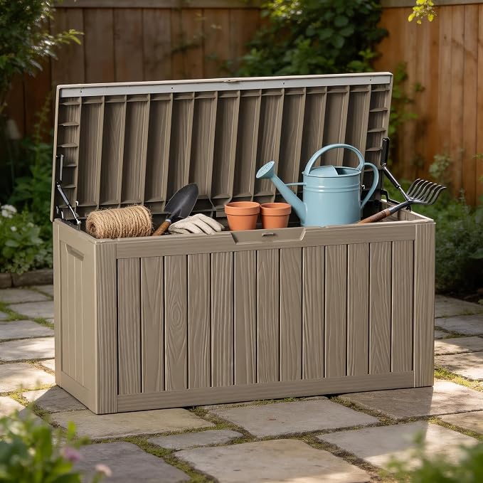 85 Gallon Outdoor Storage Box Waterproof, Large Deck Box Durable Resin Storage Bin with Lid for Patio Furniture Cushions Garden Tools (Gray, 85 Gallon)