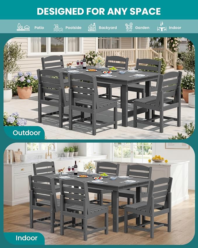 SERWALL 7-Pc HDPE Patio Dining Set, 1 Table & 6 Armless Chairs, Gray | HDPE Outdoor Dining Set with Rectangular Table & 6 Armless Chairs, All-Weather Resistant SERWALL Dining Set for 6