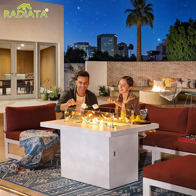 RADIATA 11 Piece XL Aluminum Patio Sectional Furniture Set with Chaise & Fire Pit Table, 500 lbs Heavy Duty Anti-Rust Outdoor Couch, 29 inch Deep Wide Seating, Elegant Conversation Sofa for Yard, Red