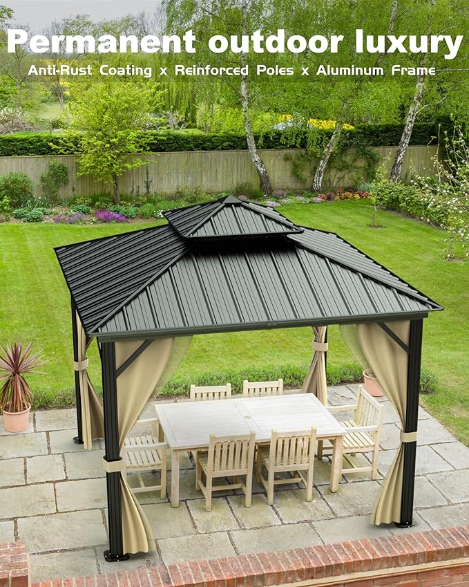 GarveeLife 10 ft x10 ft Hardtop Gazebo for All Weather, with Double Metal Roof, Aluminum Alloy Frame, Net, and Curtain, Permanent Building for Patio, Deck, Backyard, Lawn, and Garden