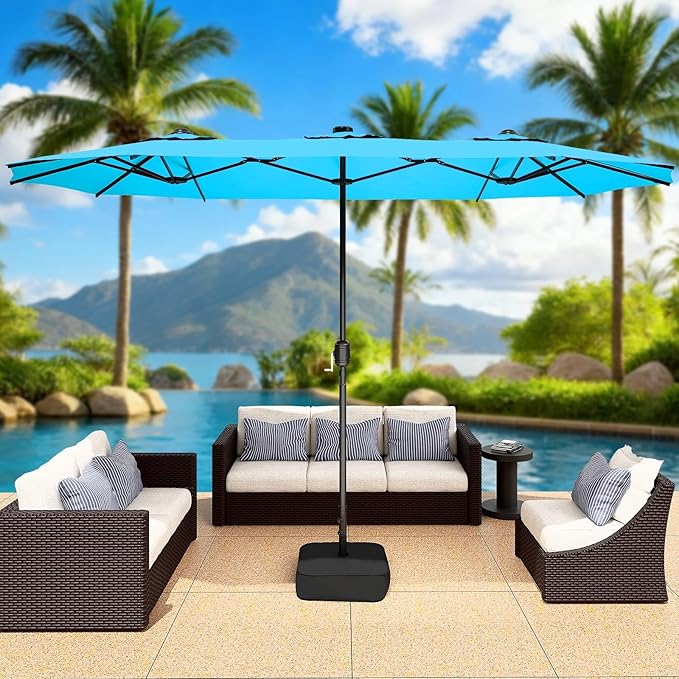 CHABATREE 15FT Double-Sided Patio Umbrella with Base Included, Large Outdoor Rectangular Market Umbrella for Backyard, Poolside, Lawn & Garden, Lake Blue