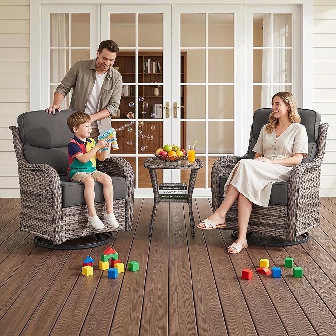 6 Piece Wicker Patio Furniture Set with Swivel Rocker Chairs Set of 4 Grey