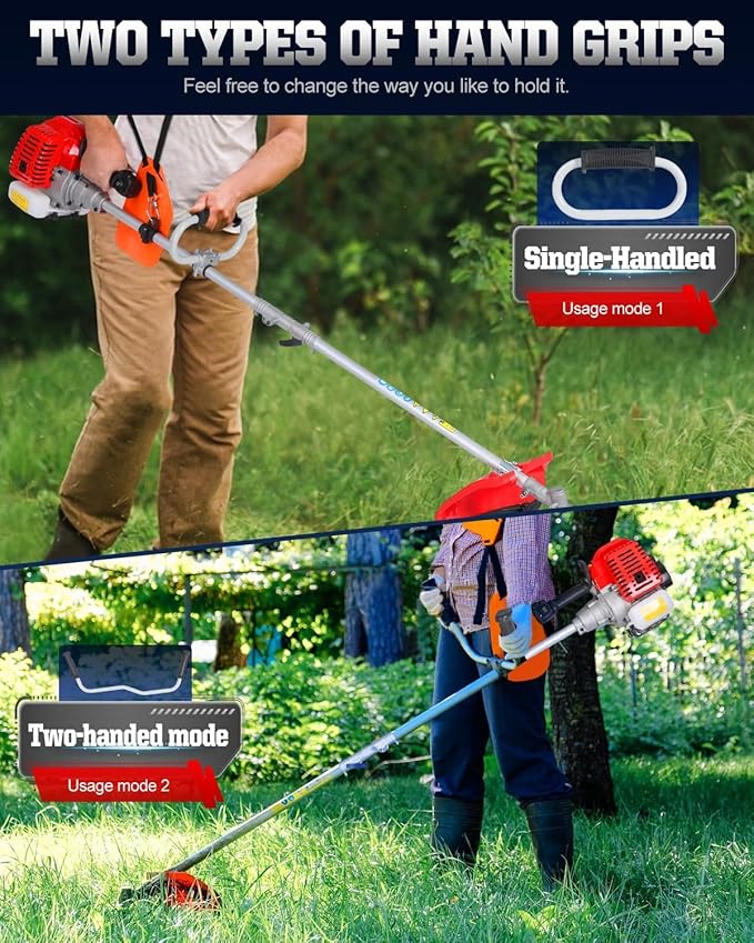 52cc Gas Weed Eater & Brush Cutter, 3-in-1 Heavy Duty String Trimmer for Overgrown Brush, Low-Vibration Weed Wacker with Detachable Shaft & Full-Crank Engine (Orange Silver)