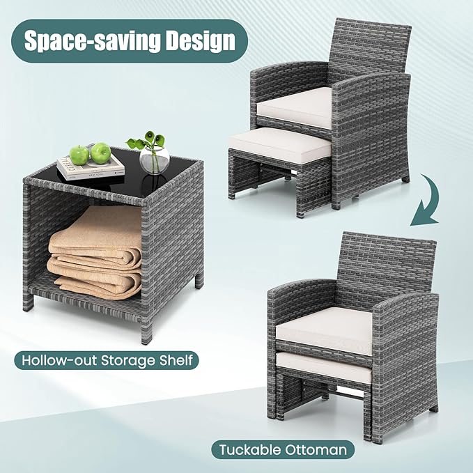 Tangkula 5 Pieces Patio Conversation Furniture Set, PE Wicker Outdoor Cushioned Chairs with 2 Ottomans, and Storage Coffee Table, for Porch, Garden and Balcony