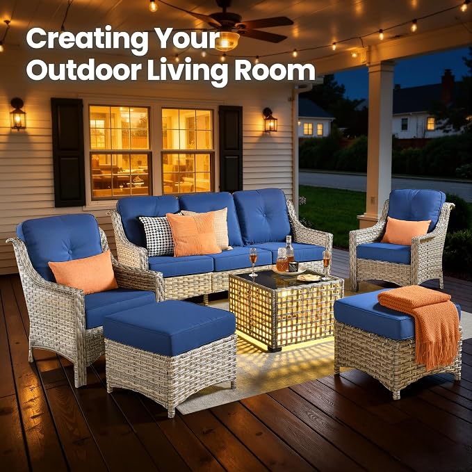 6 Piece Patio Furniture Set with Solar Lights Coffee Table, Outdoor Wicker High Back Sofa Chairs Ottomans with Cushions, All Weather Conversation Set for Backyard Porch Deck, Navy Blue