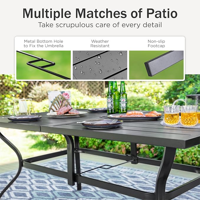 PHI VILLA 7 Pcs Outdoor Dining Set for 6, Mesh Patio Chairs & Metal Table | 60'' metal rectangular table with umbrella hole and 2 swivel & 4 fixed textilene chairs, designed for deck, backyard, garden