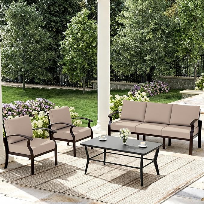 ALAULM Aluminum Patio Furniture Set with Coffee Table Rectangular，5-seat Outdoor Sectional Furniture w/Swivel Chairs，Patio Conversation Set for Porch, Backyard, Poolside-Sand