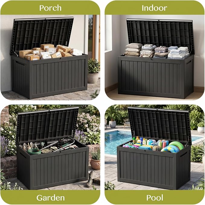 325 Gallon Outdoor Storage Box | Lockable Resin Deck Box, 880 lbs Seating & Safety Hydraulic Rod, UV-Resistant Patio Storage for Cushions, Tools & Packages
