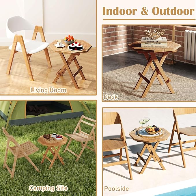 RELAX4LIFE Folding Outdoor Side Table - Set of 2 Teak Wood End Table, Octagonal Coffee Bistro Table w/Slatted Tabletop, Portable Picnic Camp Table for Poolside Porch Garden, Foldable Small Patio Table