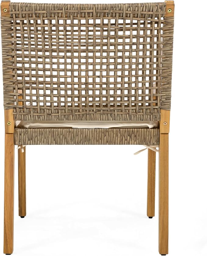 Christopher Knight Home Samma Acacia Wood Outdoor Dining Set for 6, Patio Dining Table Set for 6, Outdoor Dining Table and Sled Base, Dining Chairs with Cushion + Wicker Backrest, Teak+Brown+Cream