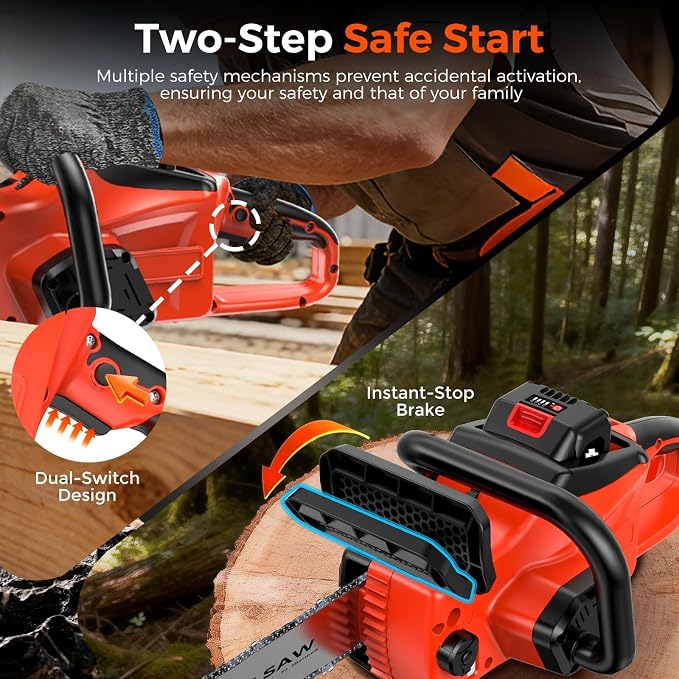 Battery Powered Chainsaw,12" & 16" Dual Guide Plate.21V Electric Cordless Chainsaw with 2 Batteries and Charger.Brushless Chain Saw Kit with Safety Goggles and Gloves for Tree Pruning and Wood Cutting