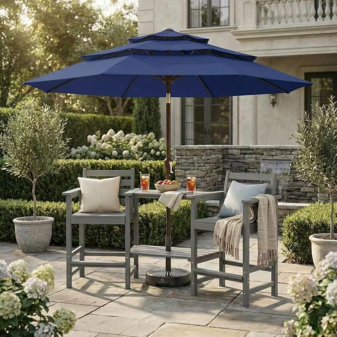 Kingdura 9ft 3-Tier Patio Umbrella, Outdoor Table Umbrella with Easy Crank & Tilt, 8 Reinforced Ribs, UV Protection for Deck, Pool, Market, Backyard (Navy blue)
