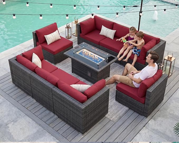BULEXYARD 9 Piece High Back Outdoor Sectional Seating with Fire Pit Table, Heavy Duty Sturdy Wicker Patio Set Conversation Couch Sofa, Extra Wide Deep Large 8-Person Deck Furniture Set, Grey & Red