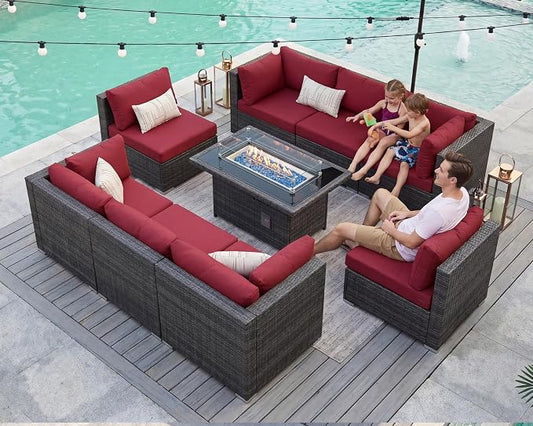 BULEXYARD 9 Piece High Back Outdoor Sectional Seating with Fire Pit Table, Heavy Duty Sturdy Wicker Patio Set Conversation Couch Sofa, Extra Wide Deep Large 8-Person Deck Furniture Set, Grey & Red