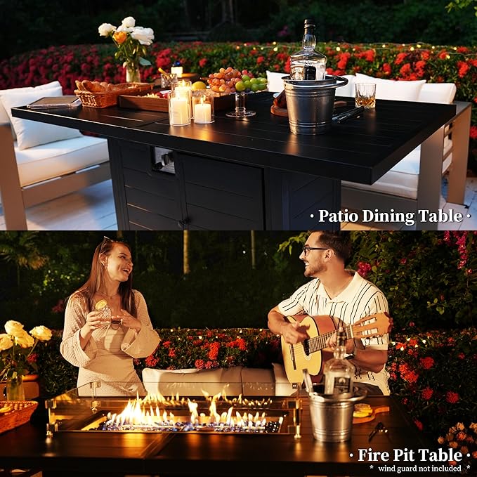 PIZZELLO 5 Piece Patio Furniture Set with 62" Fire Pit Table Outdoor Sectional Sofa Set with Coffee Table, Patio Conversation Set, Beige (6" Thickened Cushions Included)