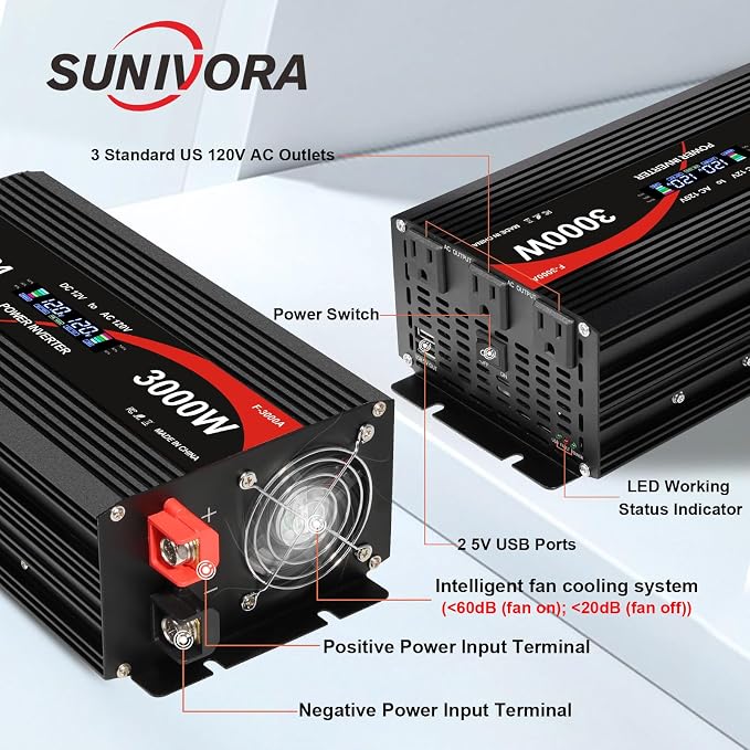 3000 Watt Power Inverter 12V DC to 110V/120V AC Converter 6000W Peak with LCD Display, 3 AC Outlets & 2 USB Ports Power Inverters for Vehicles Car Truck Boat RV Camping Solar System EPS