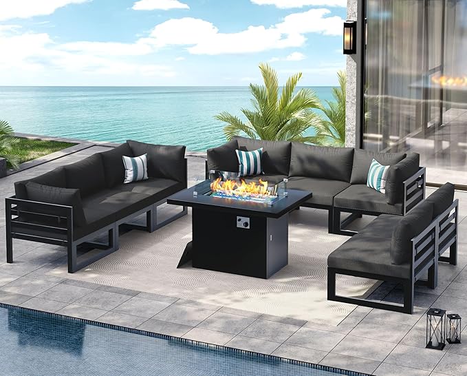 NICESOUL 9 Pcs Modern Aluminum Outdoor Patio Furniture Set with Fire Pit Table Propane/Gas, Extra Large All-Weather Modular Sectional Couch, 29" Wide Deep Seating Conversation Sofa for Deck, Dark Grey