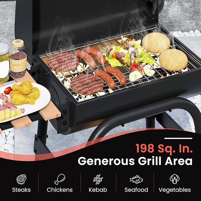 Happygrill Barrel Charcoal Grill, Outdoor BBQ Smoker Grill w/Foldable Side Table, Built-in Thermometer, Storage Shelf, Adjustable Air Vent, Portable Barbecue Grills w/Wheels for Camping & Picnic