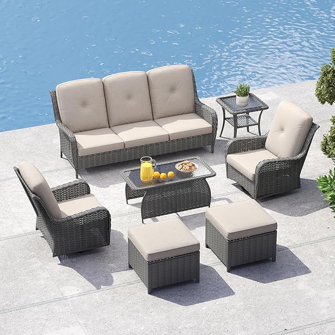 kinbor Outdoor Sectional Furniture - Outdoor Patio Conversation Sets, 7 Pieces Outdoor Sectional Sofas with Swivel Rocking Chair, Brown Wicker Rattan Patio Furniture Set, Khaki