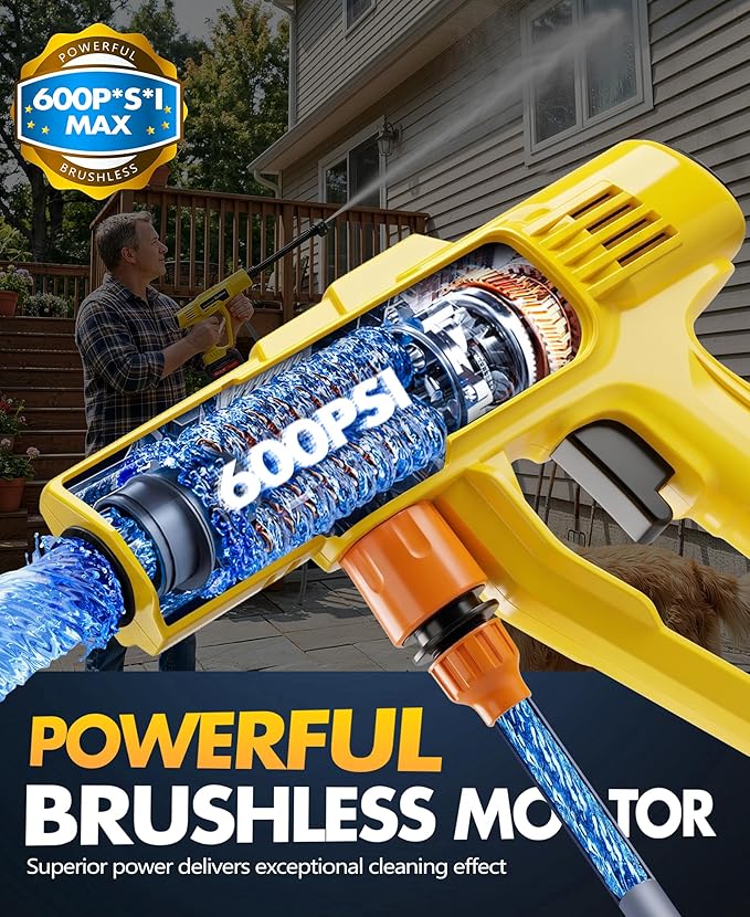 BluSwim Cordless Car Cleaning Tool with LCD Display, Portable Vehicle Cleaner with Brushless Motor, 3 Levels Adjustable Battery Powered Water Sprayer with 16.5FT Hose, 6-in-1 Nozzle for Patio - Yellow