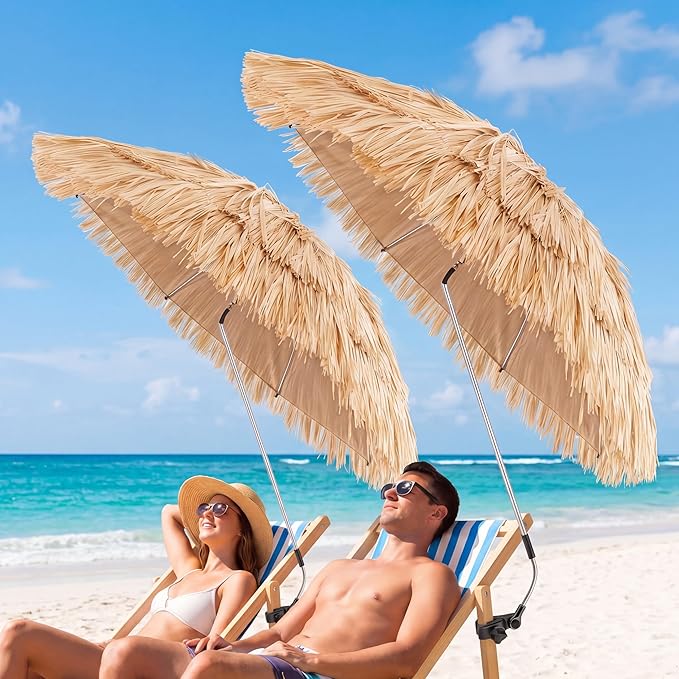 Aliceset 2 Pack Beach Chair Umbrella, 360° Adjustable Tiki Straw Clip on Umbrella, UV Protection, 52 Inch, 180° Swivel Hinge, 8 Ribs Sun Shade for Tropical Patio Camping Pool Fishing Sand Rv Travel