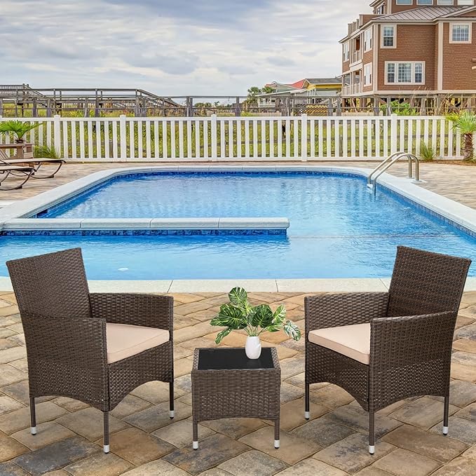 Outdoor Patio Furniture Set，3 Pieces Wicker Bistro Set Outdoor Patio Set Rattan Chair Conversation Sets Patio Sofa Wicker Table Set for Yard Backyard Lawn Porch Poolside Balcony (Khaki)