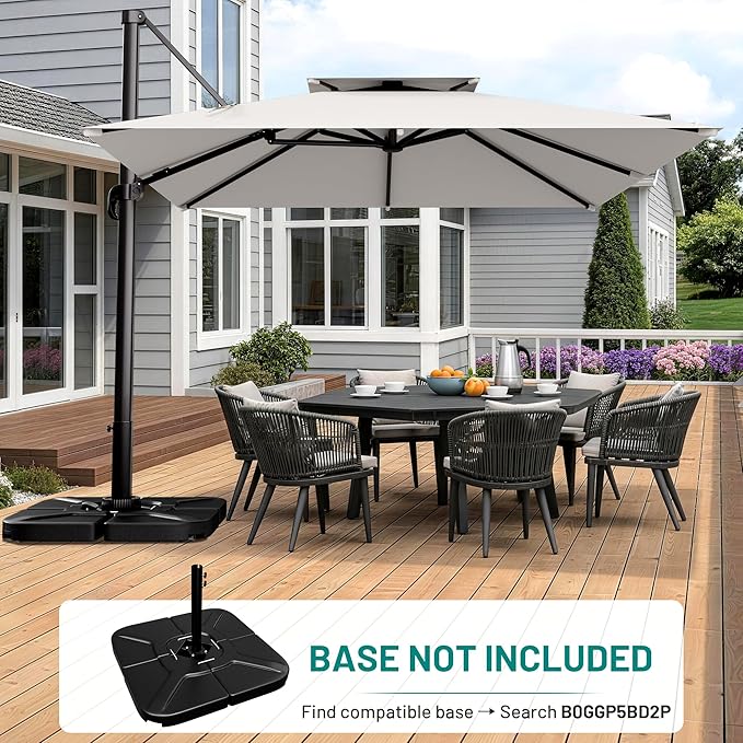 AreShark 10×10FT Double-Top Cantilever Patio Umbrella, Square Offset Umbrella with 360 Degree Rotation, Heavy Duty Patio Umbrella for Garden Deck Pool, 5 Tilt Angles, Light Grey