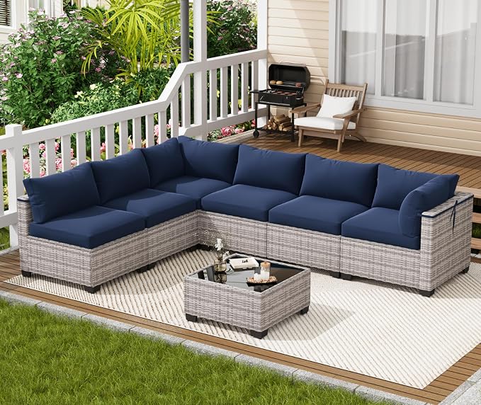 LOUVIXA 7 Piece Outdoor Patio Furniture Set, Outdoor Sectional Sofa, Wicker Rattan Patio Furniture, Patio Conversation Set with Coffee Table & Cushions