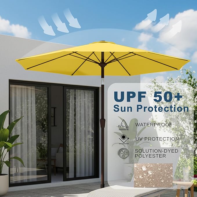 9ft Patio Umbrella with Push Button Tilt and Crank,Outdoor Market Table Umbrella UV Protection 8 Sturdy Ribs for Backyard,Garden,Pool,Deck(Yellow)