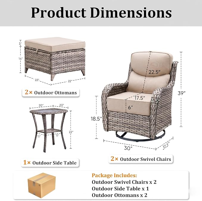Luxury Outdoor Swivel Rocker Patio Chairs Set of 5, High Back Swivel Patio Chairs with Side Table 6-Inch Thick Cushions Ottomans, Wicker Outdoor Bistro Set for Porch, Yard, Deck, Poolside, Grey/Beige