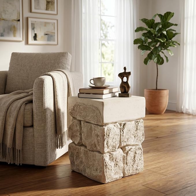 Square Outdoor Concrete Side Table, Patio End Table, Faux Stacked Stone Accent Table with Wave for Indoor Outdoor, Garden Stool Coffee Table for Patio, Garden, Backyard - 14.57" Beige MgO