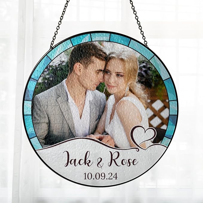 Personalized Stained Glass Window Hanging Suncatcher - Gift for Family, Couple - Portrait Couple Family - Perfect Valentine Gift, Custom Photo, Name and Date