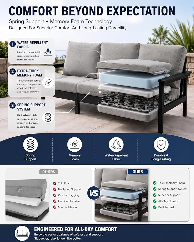 HDPE Outdoor Patio Furniture Set, 6-Piece Sofa Set with 3-Seat Couch, 2 Armchairs & Coffee Table, Weatherproof Conversation Set with Cushions, All-Weather Waterproof, for Garden, Porch & Backyard