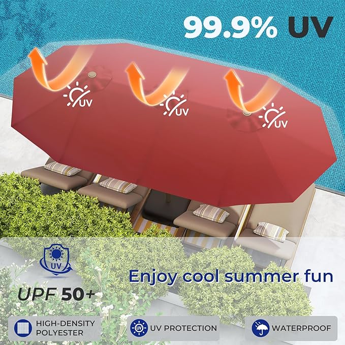 BRIOPAWS 15-FT-Large-Patio-Umbrella-with-Base | Double-Sided | Outdoor Table Umbrellas | w/Crank Handle | 12 Sturdy Fiberglass Rib | UV-Protection | for Garden Deck Backyard Pool | Red