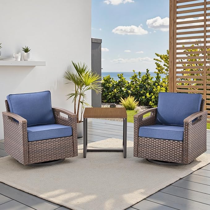 Rilyson Outdoor Patio Swivel Rocking Chairs Set of 2, Patio Bistro Set with All Weather Wicker, Metal Armrest, Deep Seating, Thick Cushions, Side Table, Ideal for Deck Porch Backyard, Brown/Blue