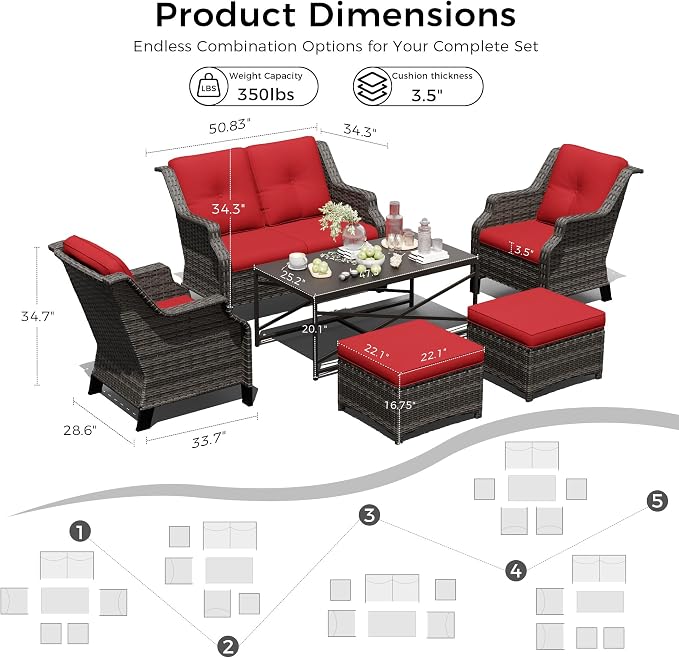 Outdoor Patio Furniture Set, 6 Piece Wicker Patio Furniture with Thick Cushions, Curved Armrest, Deep Seating, Outdoor Swivel Rocker Chairs for Porch, Deck, Balcony