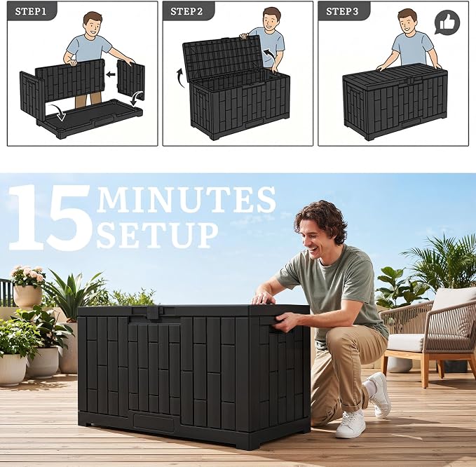 YITAHOME 60 Gallon Outdoor Storage Box, Waterproof Resin Deck Box with Slide-Locking Lid, Patio Storage Bin and Bench Seat for Patio Furniture, Garden Tools and Pool Accessories, Black