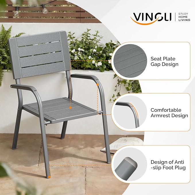 VINGLI Outdoor Patio Dining Chairs, Stackable HDPE All-Weather Arm Chairs, Weatherproof Outdoor Seating for Garden, Backyard, Poolside, Balcony,Grey (2 Pack)